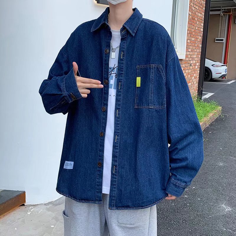 实拍日系休闲牛仔长袖衬衫纯棉牛仔衬衣男春秋外套青少年工装寸衫