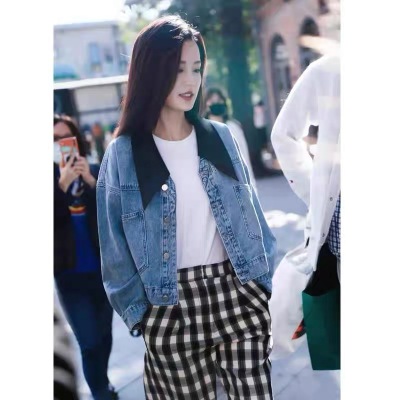 韩国牛仔衣短外套李沁明星同款春秋薄款百搭宽松显瘦撞色休闲女装