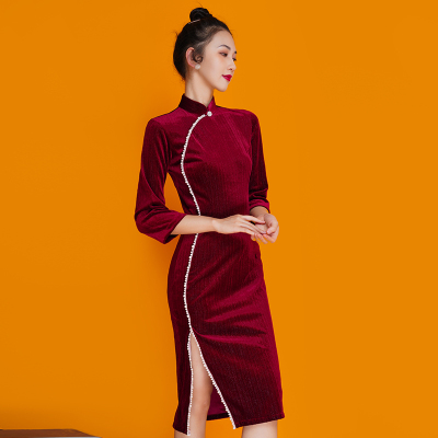 实拍旗袍红色中式敬酒服日常可穿气质显瘦修身中长款丝绒年轻款裙