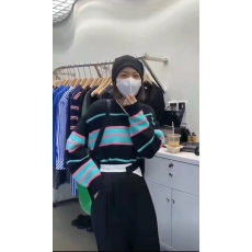 韩国东大门 小众设计师款 洋气时髦圆领撞色拼色条纹针织衫上衣女