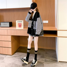 批发依恋分店官图 65米呢 设计感2021秋季拼接条纹长袖外套女