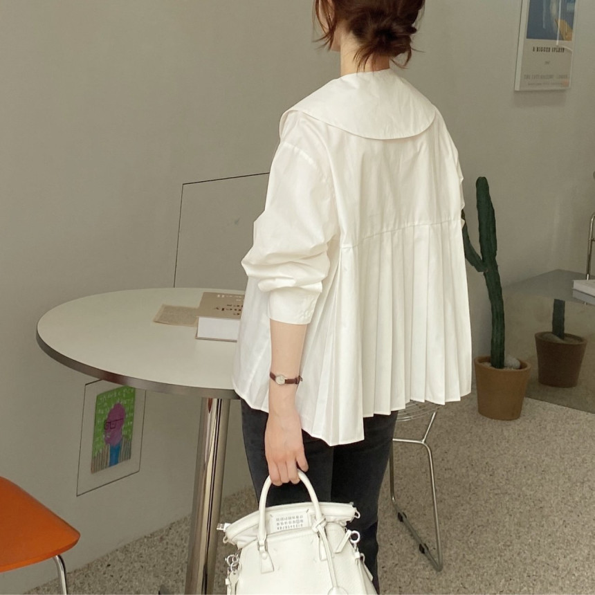 Size update chic spring new design pleated back loose baby doll collar long-sleeved shirt top