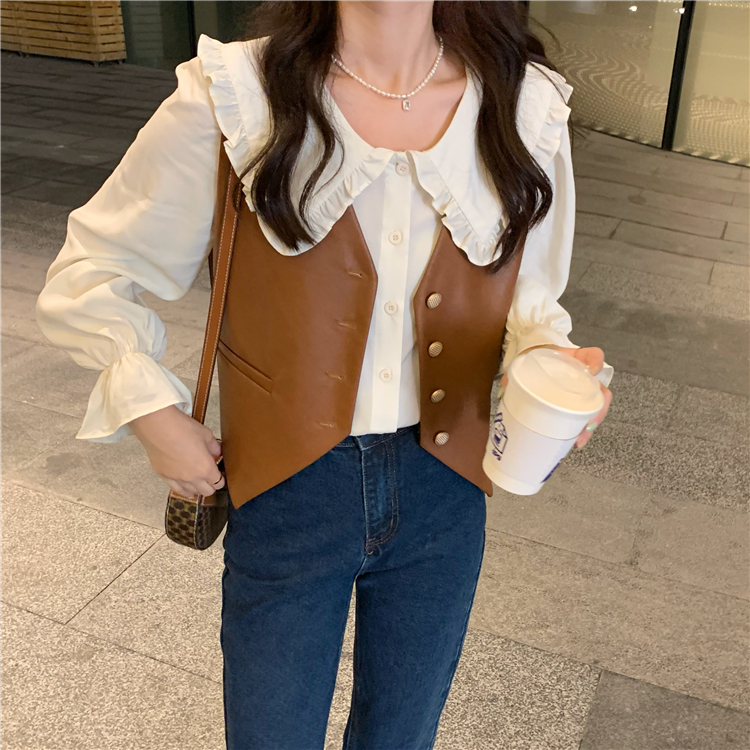 棕色皮马甲单件