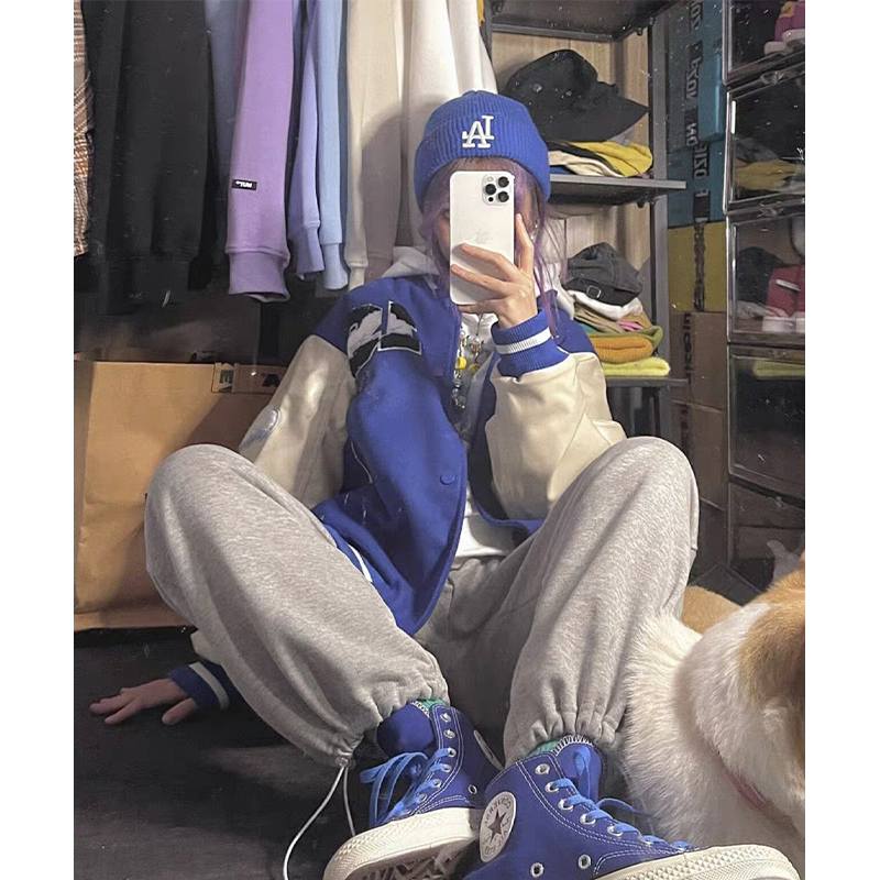 原版质量有做内里克莱因蓝美式棒球服女春秋ins情侣外套