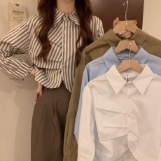 批发实价实拍 春季新款韩版洋气设计感打褶短款减龄长袖衬衫