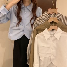 批发实价实拍 新款韩版洋气设计感打褶短款减龄百搭薄款长袖衬衫