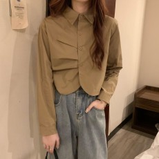 批发实价实拍 秋季新款韩版洋气设计感打褶短款减龄长袖衬衫