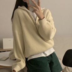 批发已出货 韩版纯色加厚针织衫半拉链大翻领慵懒宽松保暖套头毛衣