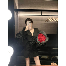 批发爆灯打call 醋酸缎面衬衫<b class='q'>女</b>高级感黑色v领长袖连体<b class='q'>上衣</b>