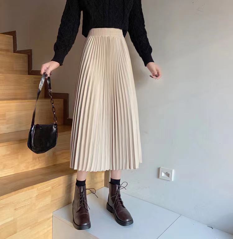 半身裙早秋冬季中长款显瘦a字仙女裙金丝绒 加厚百褶长裙