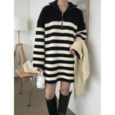 批发有货！韩国chic设计感宽条纹百搭吸纳收半拉链毛衣连衣裙