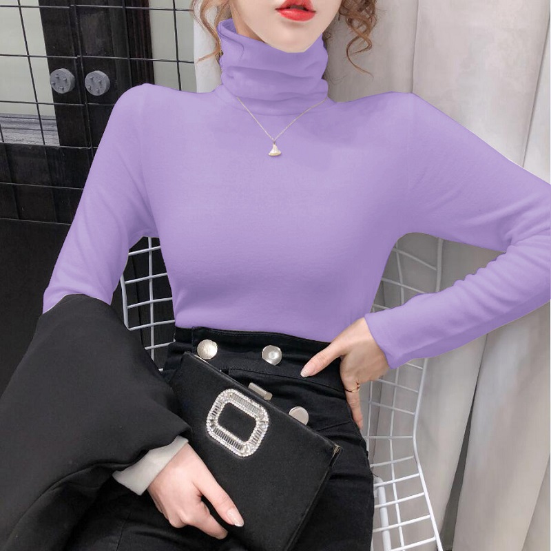 2021秋冬加厚纯色羊绒堆堆领磨毛双面绒高领打底衫长袖上衣女t恤