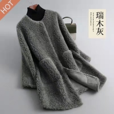2022新款颗粒羊剪绒皮草外套女中长款圆领羊羔毛皮毛一体大衣冬季