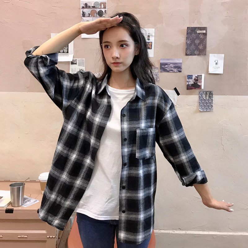 실사 한국 스타일 봄 가을 흑인과 백인 격자 무늬 셔츠 레트로 다용도 하라주쿠 스타일 연령 감소 클래식 만나는 셔츠 여성 재킷