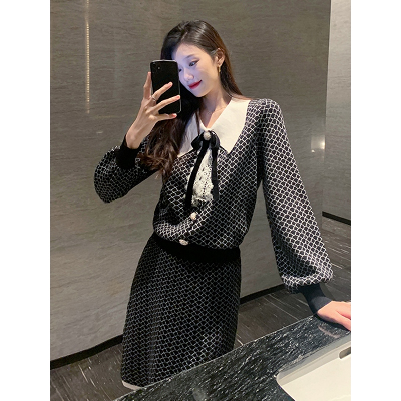 레트로 튀김 거리 작은 샤넬 스타일 세트 드레스 2026 가을 새로운 품격 여성 의류 체크무늬 반신 스커트 니트 투피스 세트