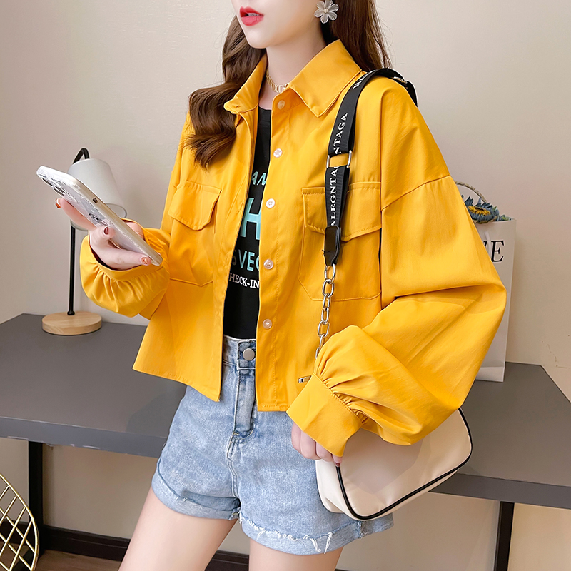 Real shot 100% polyester fiber 2024 spring and autumn new solid color short POLO collar shirt long sleeves for women