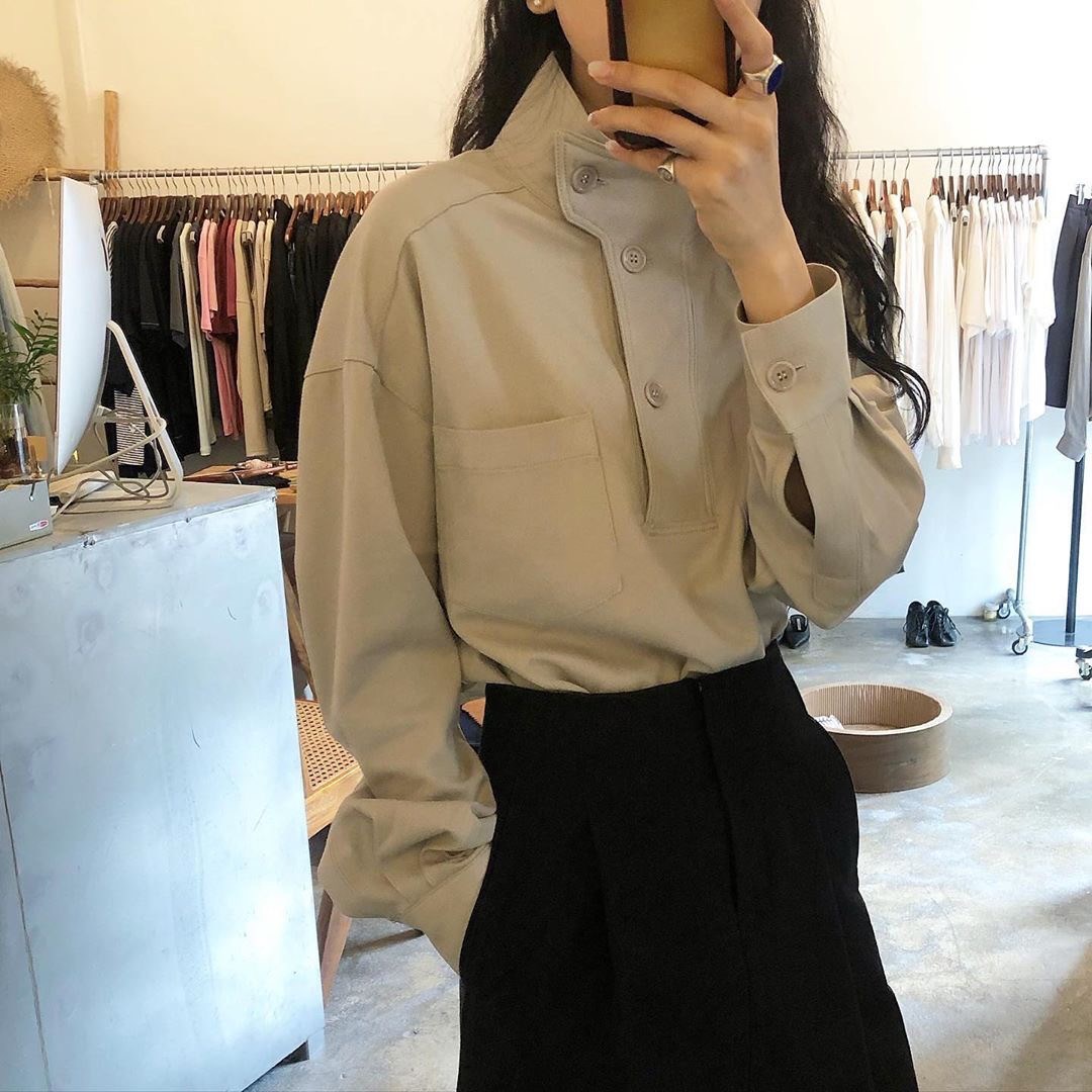 있음 선적 한국 동대문 작은 대중 레트로 Chic 스탠드 칼라 싱글 줄 버튼 셔츠 맨위 여성