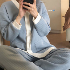 实拍 蓝莓椰椰奶冻 简约日系空气层夹棉睡衣秋冬家居服套装