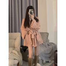 批发实拍 羊毛圈圈大外套 系带针织外套慵懒开衫