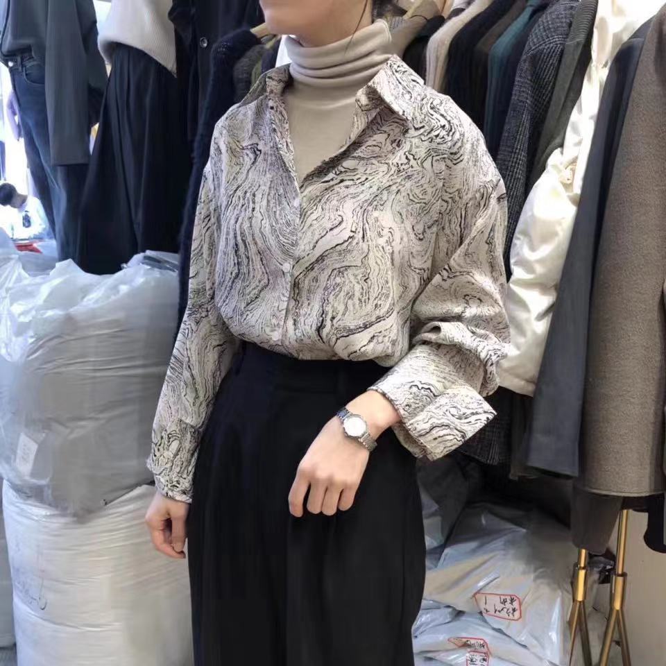 한국 스타일 봄 가을 새로운 수묵화 산수 프린트 셔츠 레트로 다용도 게으른 바람 캐주얼 셔츠 기본 셔츠