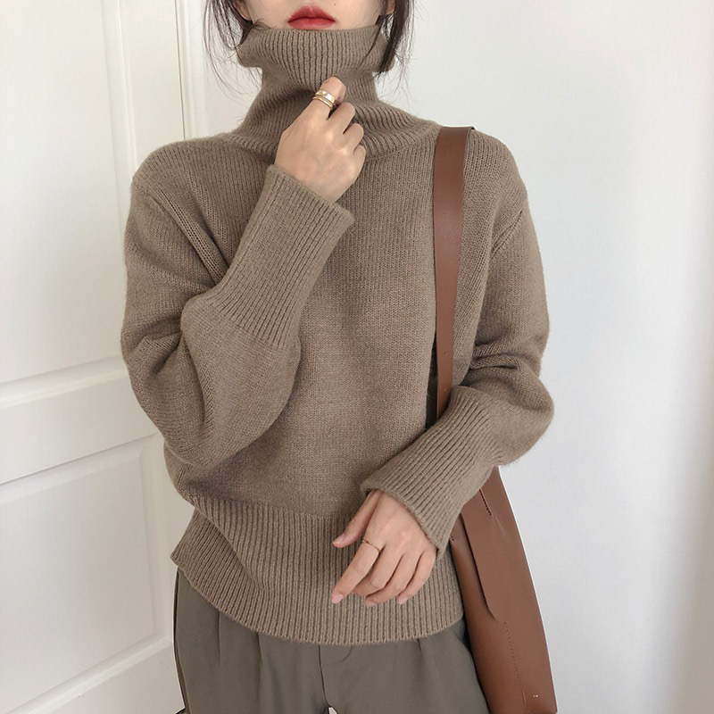 High neck's loose long sleeved lazy style short top autumn and winter new Korean version versatile knitted sweater_voghion.com