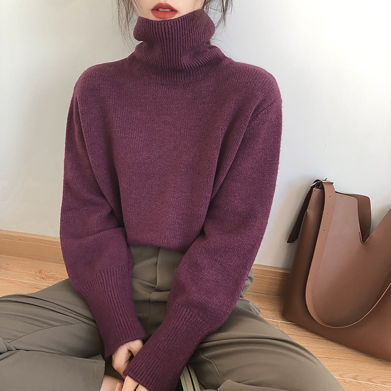 High neck's loose long sleeved lazy style short top autumn and winter new Korean version versatile knitted sweater_voghion.com
