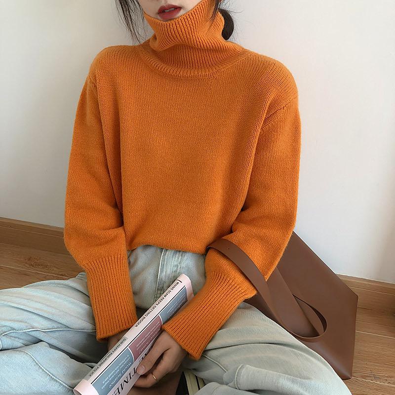 High neck's loose long sleeved lazy style short top autumn and winter new Korean version versatile knitted sweater_voghion.com