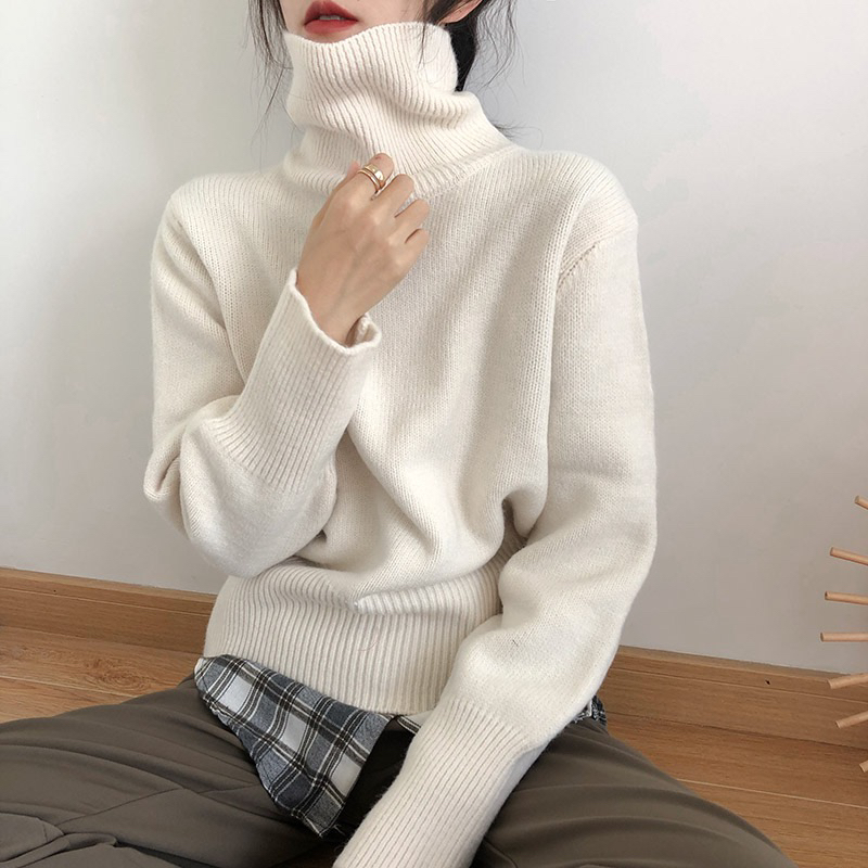 High neck's loose long sleeved lazy style short top autumn and winter new Korean version versatile knitted sweater_voghion.com