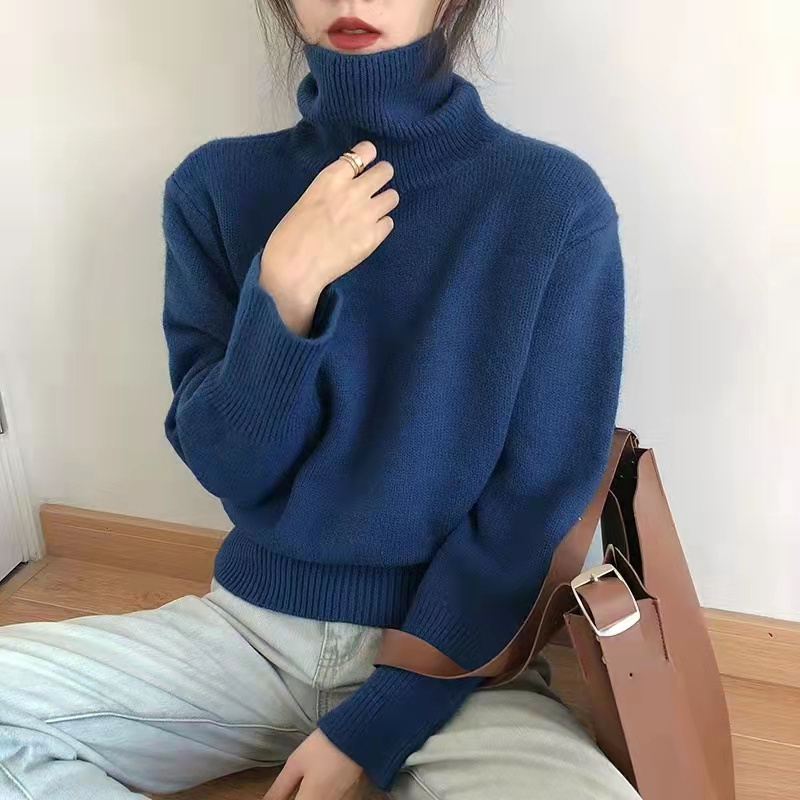 High neck's loose long sleeved lazy style short top autumn and winter new Korean version versatile knitted sweater_voghion.com
