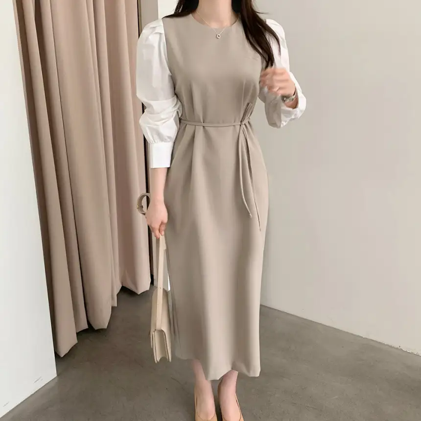 프렌치 스타일 라운드넥 컬러블록 원피스 상세 이미지 1