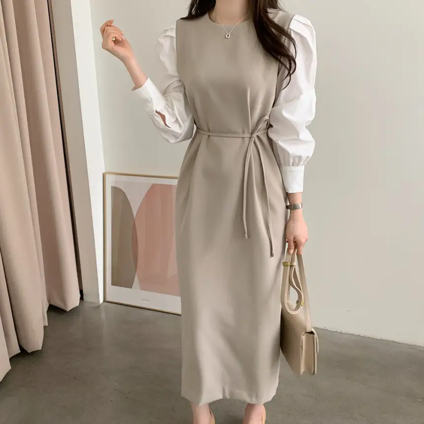 프렌치 스타일 라운드넥 컬러블록 원피스 상세 이미지 2