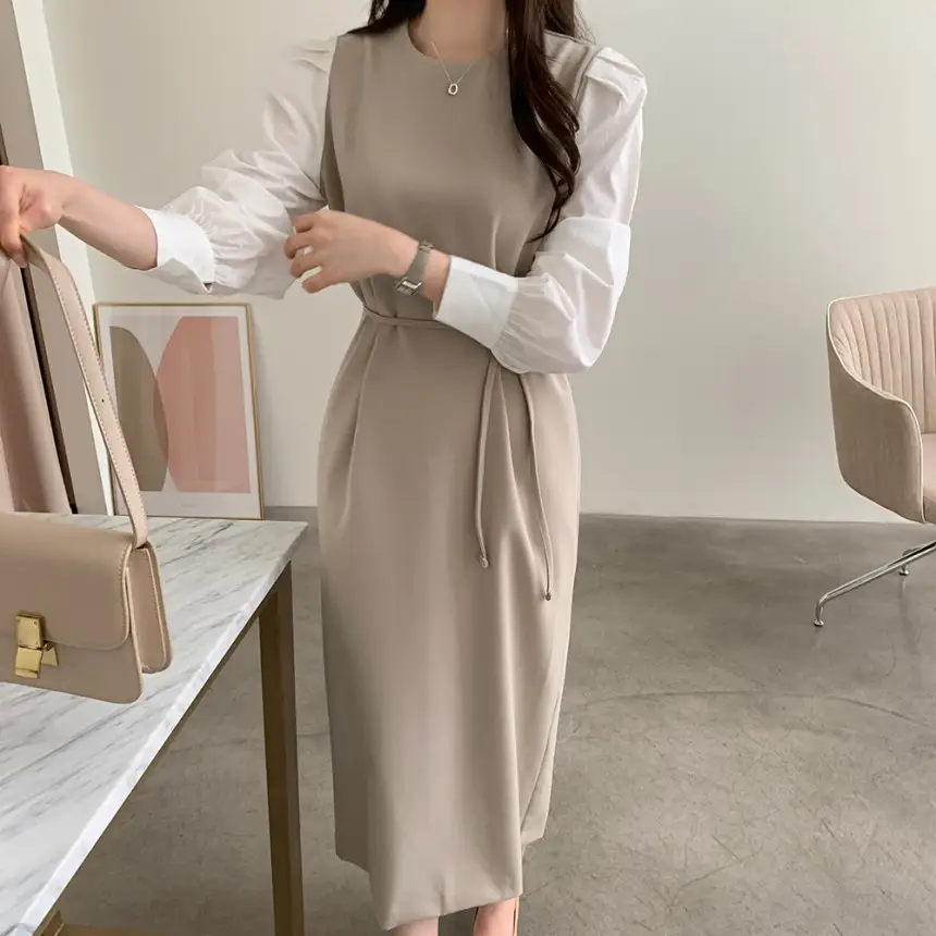 프렌치 스타일 라운드넥 컬러블록 원피스 상세 이미지 3