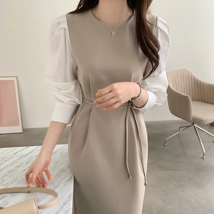 프렌치 스타일 라운드넥 컬러블록 원피스 상세 이미지 4