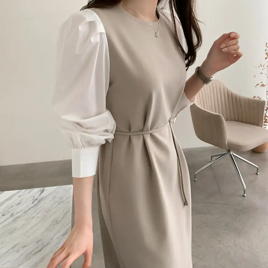 프렌치 스타일 라운드넥 컬러블록 원피스 상세 이미지 5