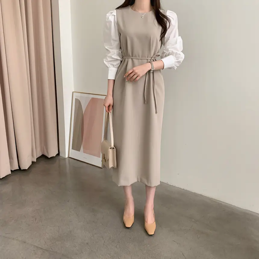 프렌치 스타일 라운드넥 컬러블록 원피스 상세 이미지 6