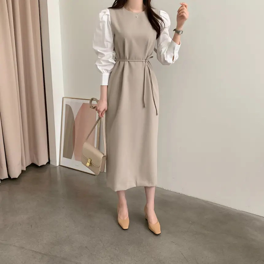 프렌치 스타일 라운드넥 컬러블록 원피스 상세 이미지 8