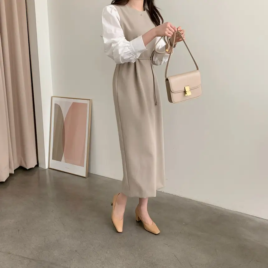 프렌치 스타일 라운드넥 컬러블록 원피스 상세 이미지 9