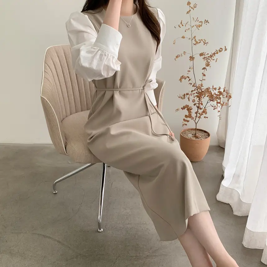 프렌치 스타일 라운드넥 컬러블록 원피스 상세 이미지 18