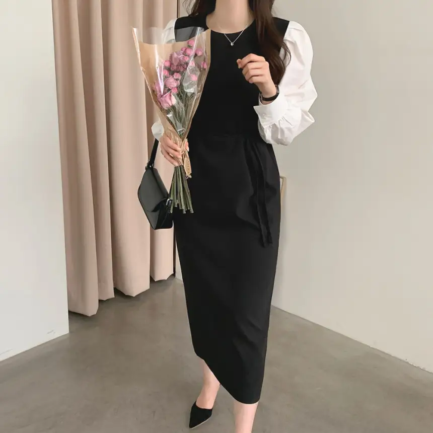 프렌치 스타일 라운드넥 컬러블록 원피스 상세 이미지 19