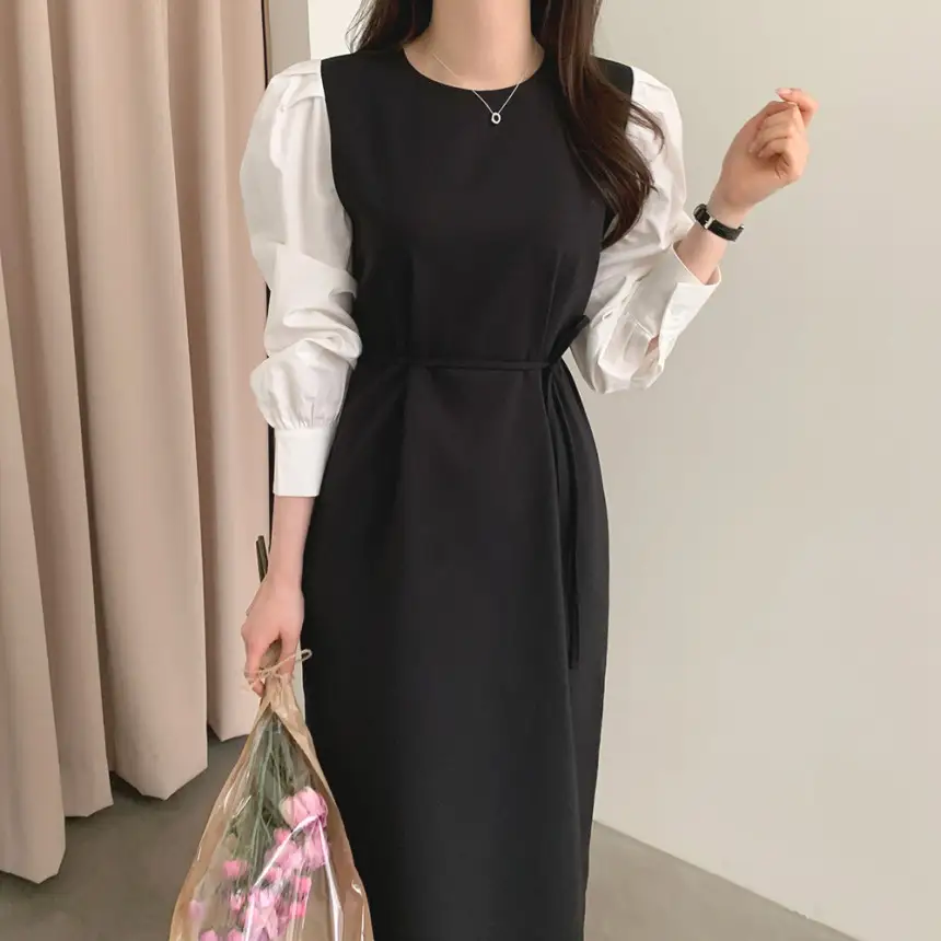 프렌치 스타일 라운드넥 컬러블록 원피스 상세 이미지 20