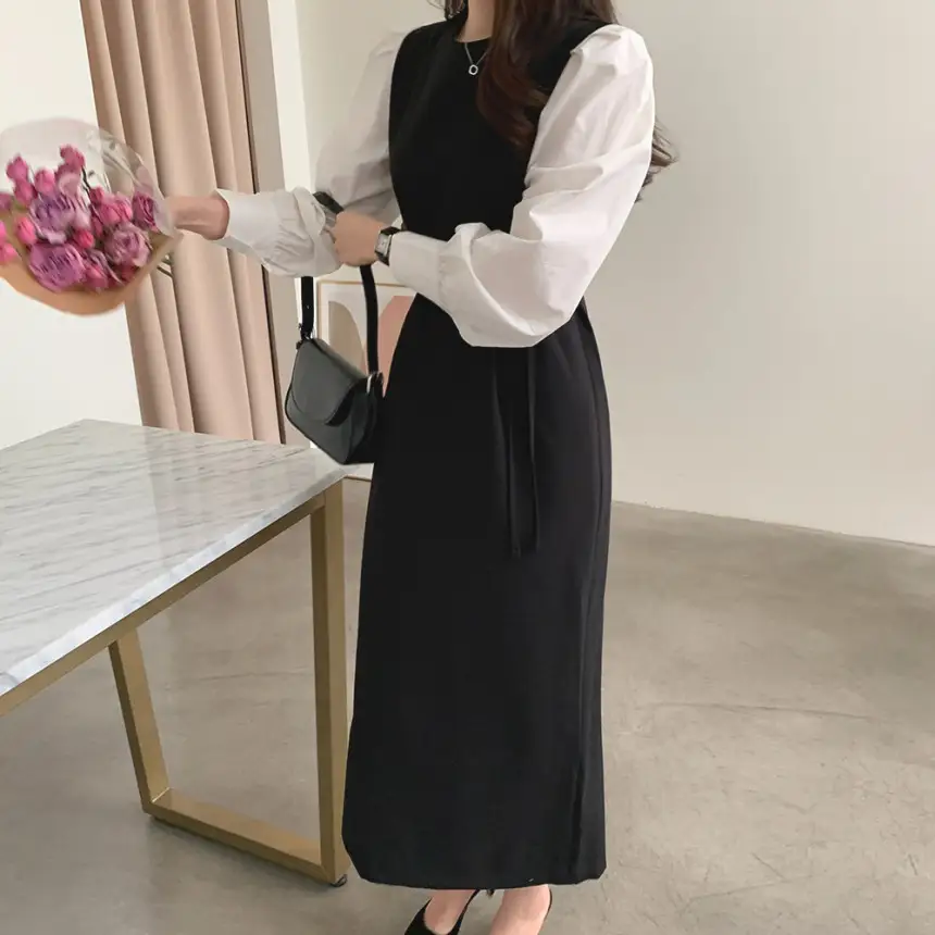 프렌치 스타일 라운드넥 컬러블록 원피스 상세 이미지 21