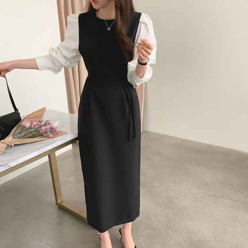 프렌치 스타일 라운드넥 컬러블록 원피스 상세 이미지 22