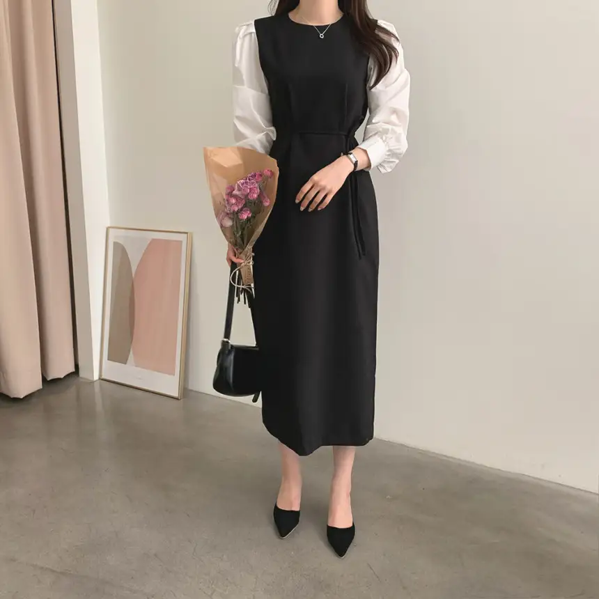 프렌치 스타일 라운드넥 컬러블록 원피스 상세 이미지 23