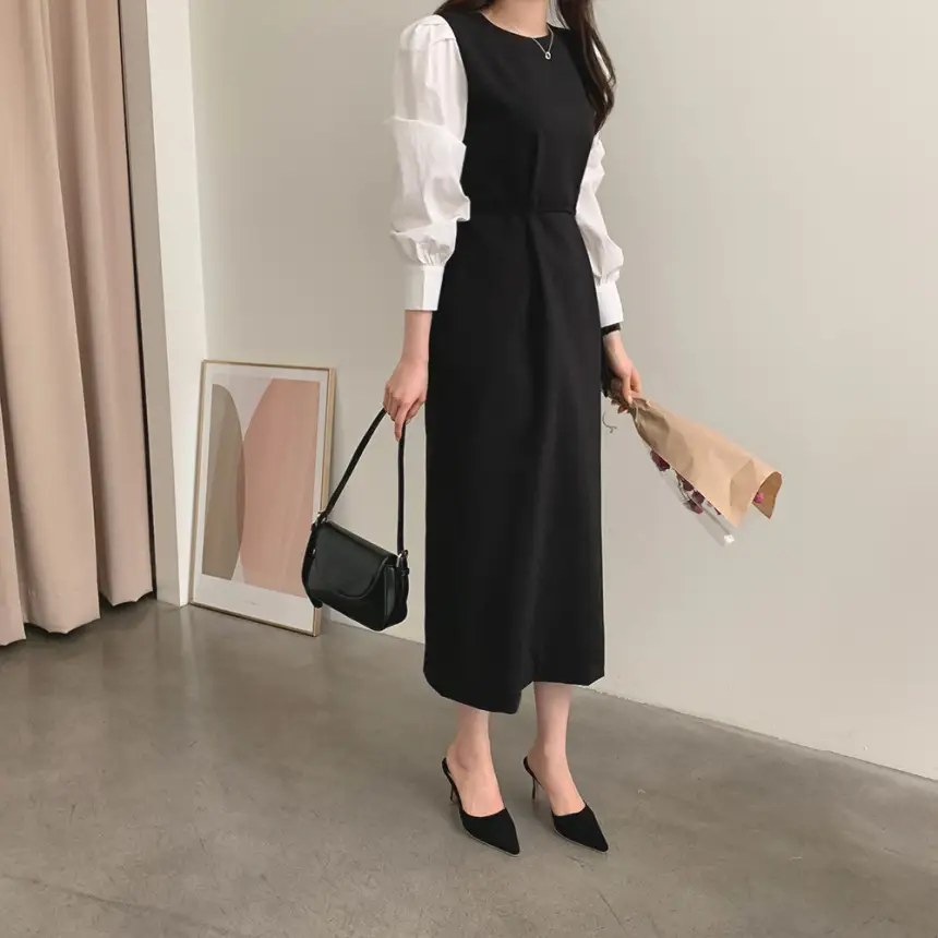 프렌치 스타일 라운드넥 컬러블록 원피스 상세 이미지 24