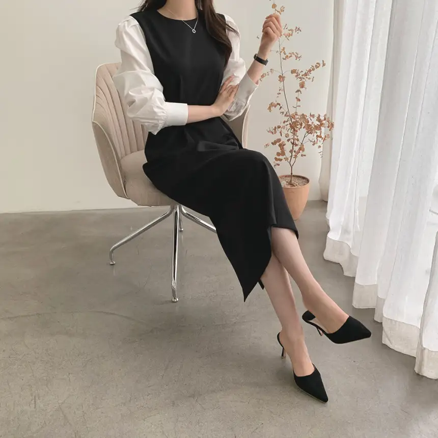 프렌치 스타일 라운드넥 컬러블록 원피스 상세 이미지 27