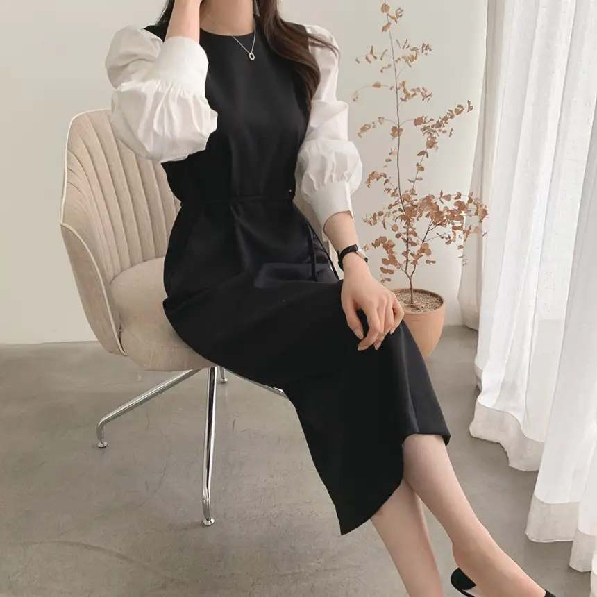프렌치 스타일 라운드넥 컬러블록 원피스 상세 이미지 28