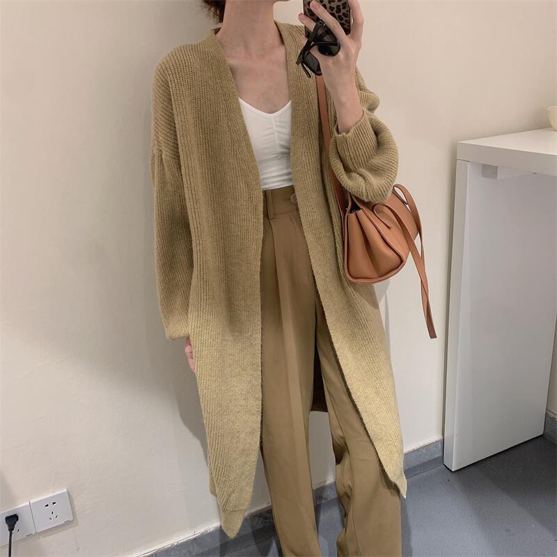 V-neck long spring and autumn cashmere knitted cardigan warm pure color simple temperament jacket lazy shawl sweater_voghion.com