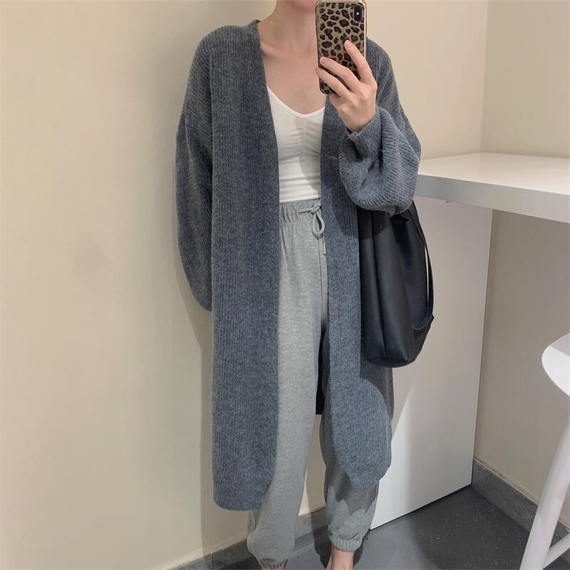 V-neck long spring and autumn cashmere knitted cardigan warm pure color simple temperament jacket lazy shawl sweater_voghion.com