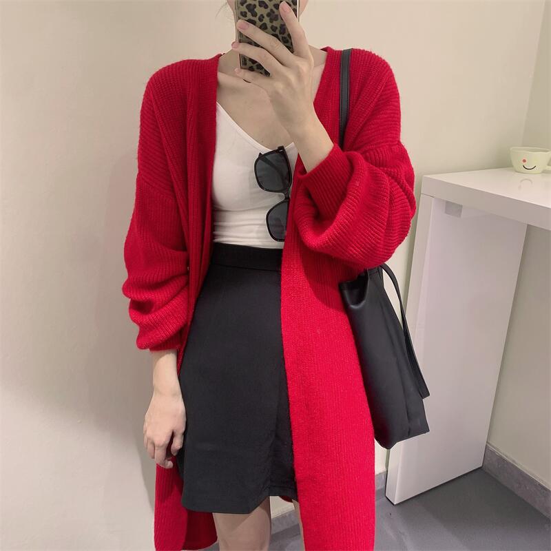 V-neck long spring and autumn cashmere knitted cardigan warm pure color simple temperament jacket lazy shawl sweater_voghion.com