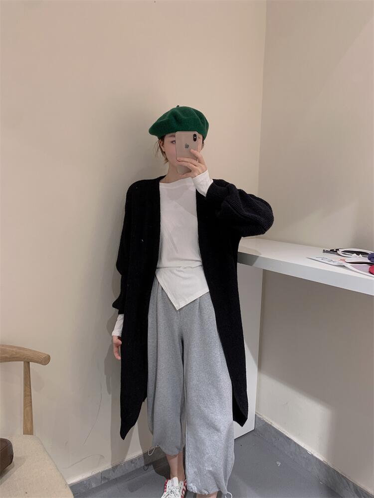 V-neck long spring and autumn cashmere knitted cardigan warm pure color simple temperament jacket lazy shawl sweater_voghion.com